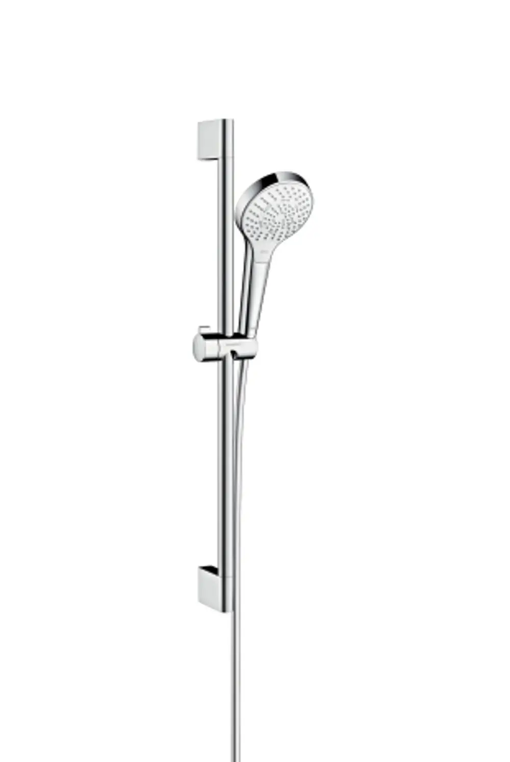 Hansgrohe Brauseset mit einem Handbrausekopf und einer verstellbaren Brausestange in Chromoptik, montiert an einer glatten Wand.